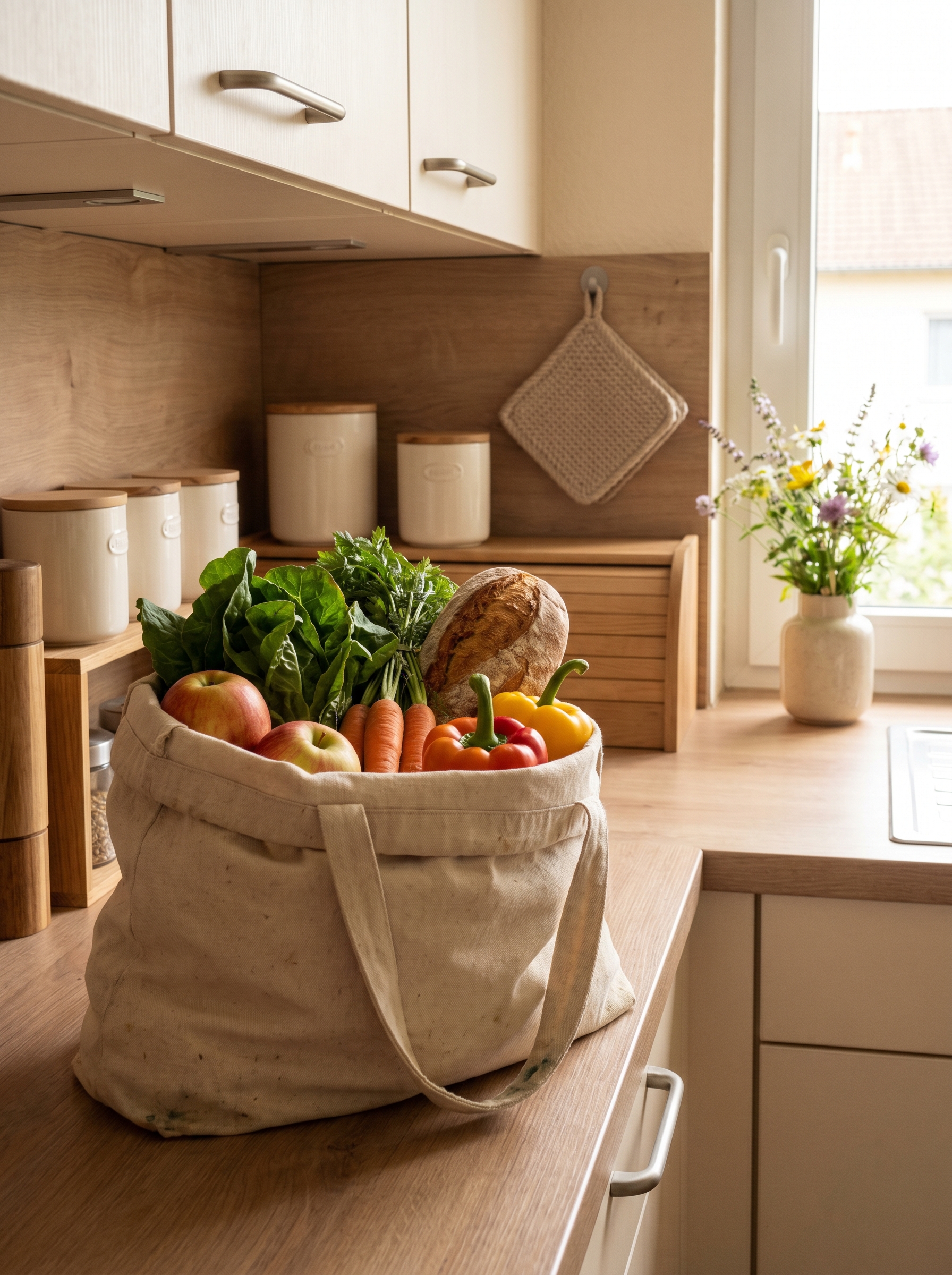 Einkaufstasche mit Brot und Gemüse in der Küche