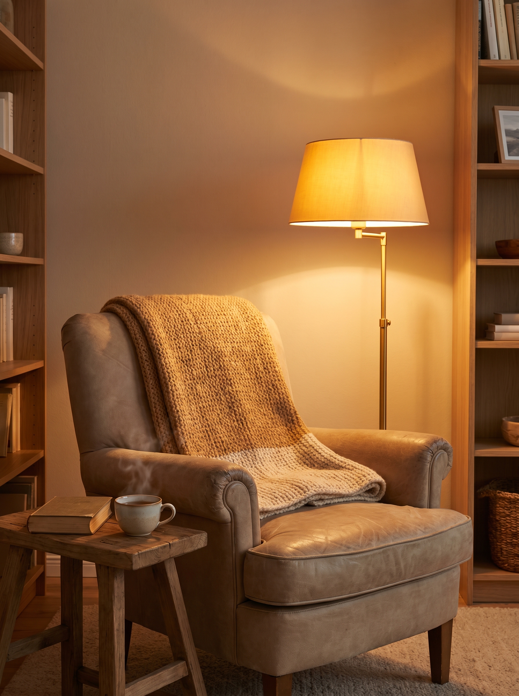 Warmes Abendlicht im Wohnzimmer, Lesesessel